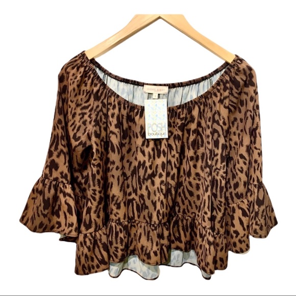 POSH BOUTIQUE Tops - POSH BOUTIQUE BROWN  BLACK RUFFLED LEOPARD PRINT BLOUSE NEW WITH TAG